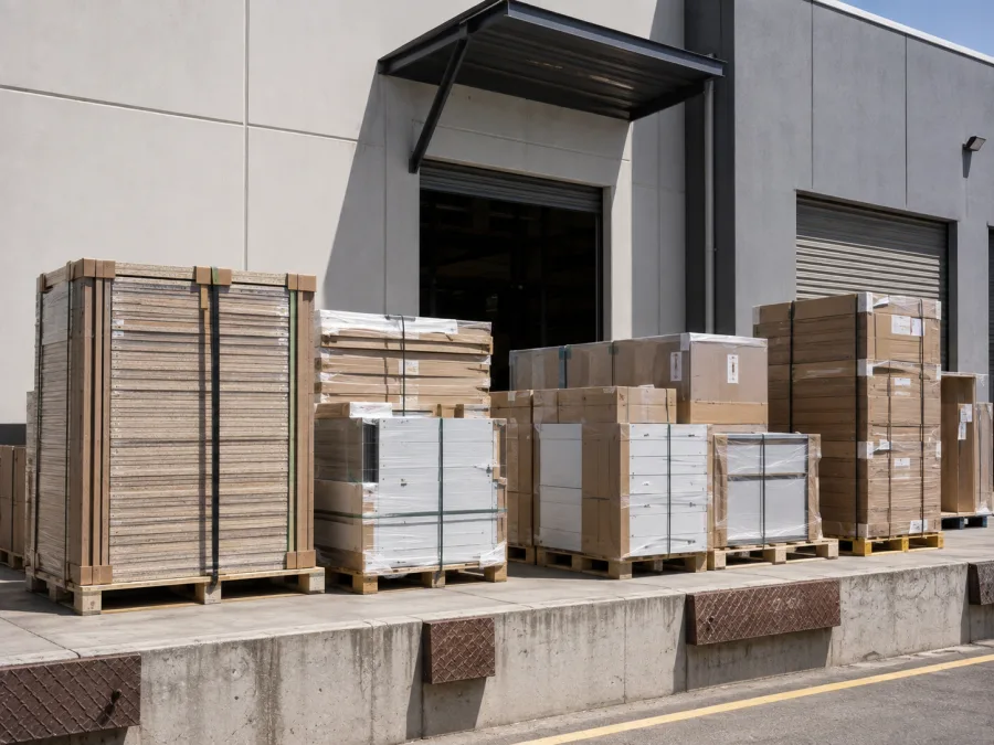 Flat-packed office fit-out components palletised at a Canberra dock