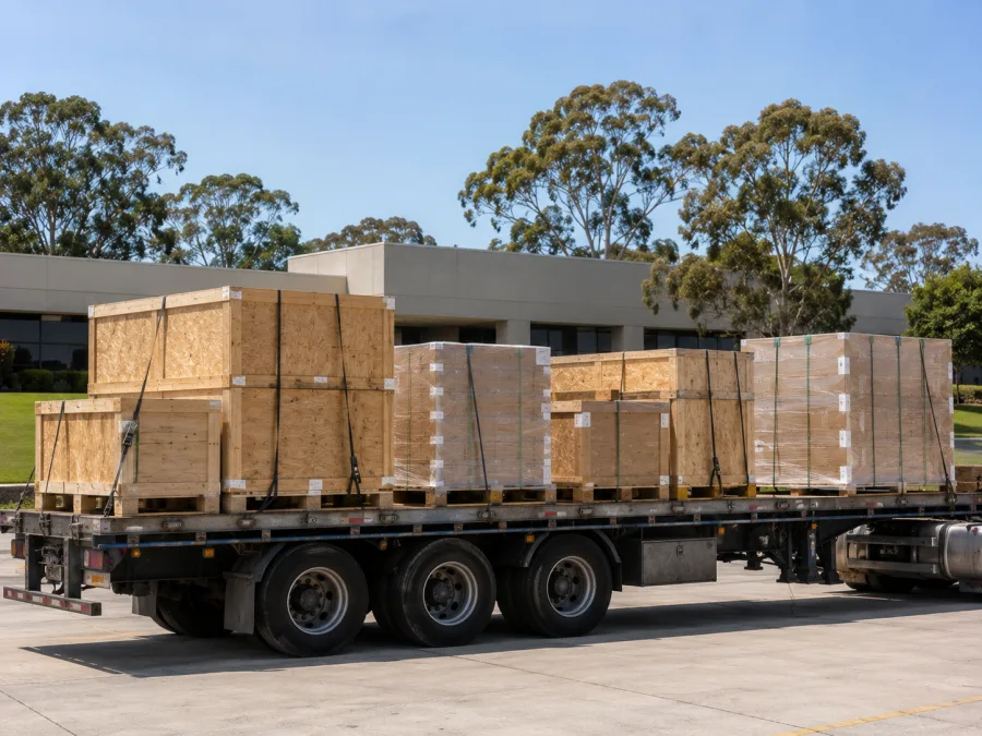 Crated equipment and pallets strapped on a trailer at a Canberra institutional site