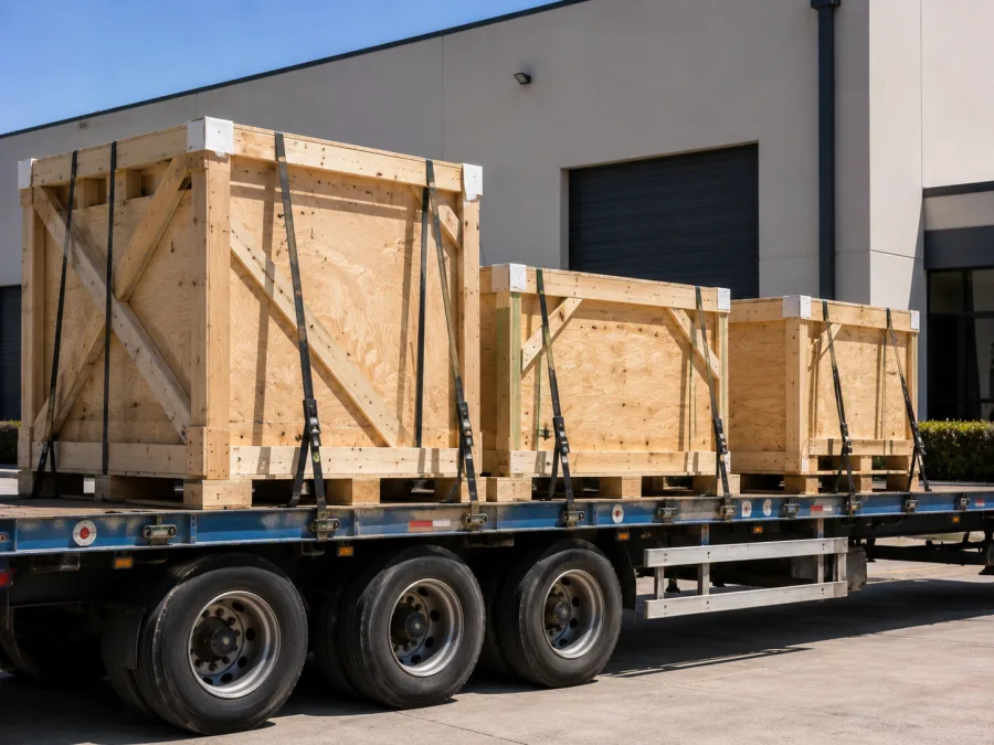 Braced timber crates strapped on a trailer for a technical equipment move