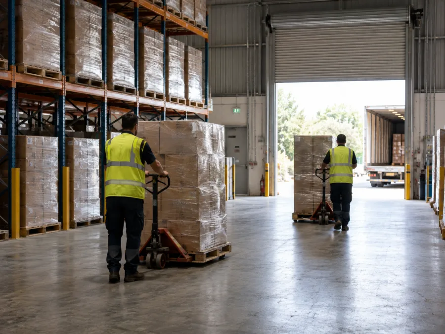 Workers moving pallets inside a Perth distribution centre