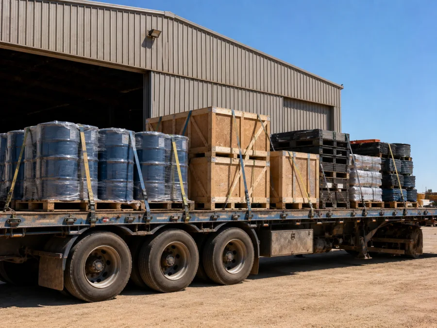 Drums and crated components loaded for the Western Australian resources sector