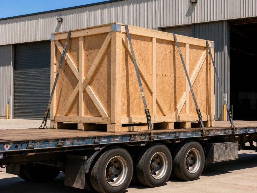 Timber-crated machine strapped on a trailer for the coast to coast run