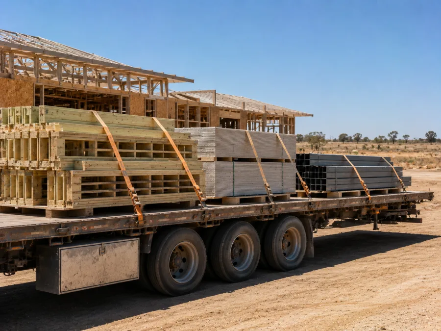 Timber and cladding on a trailer at a Western Australian building site