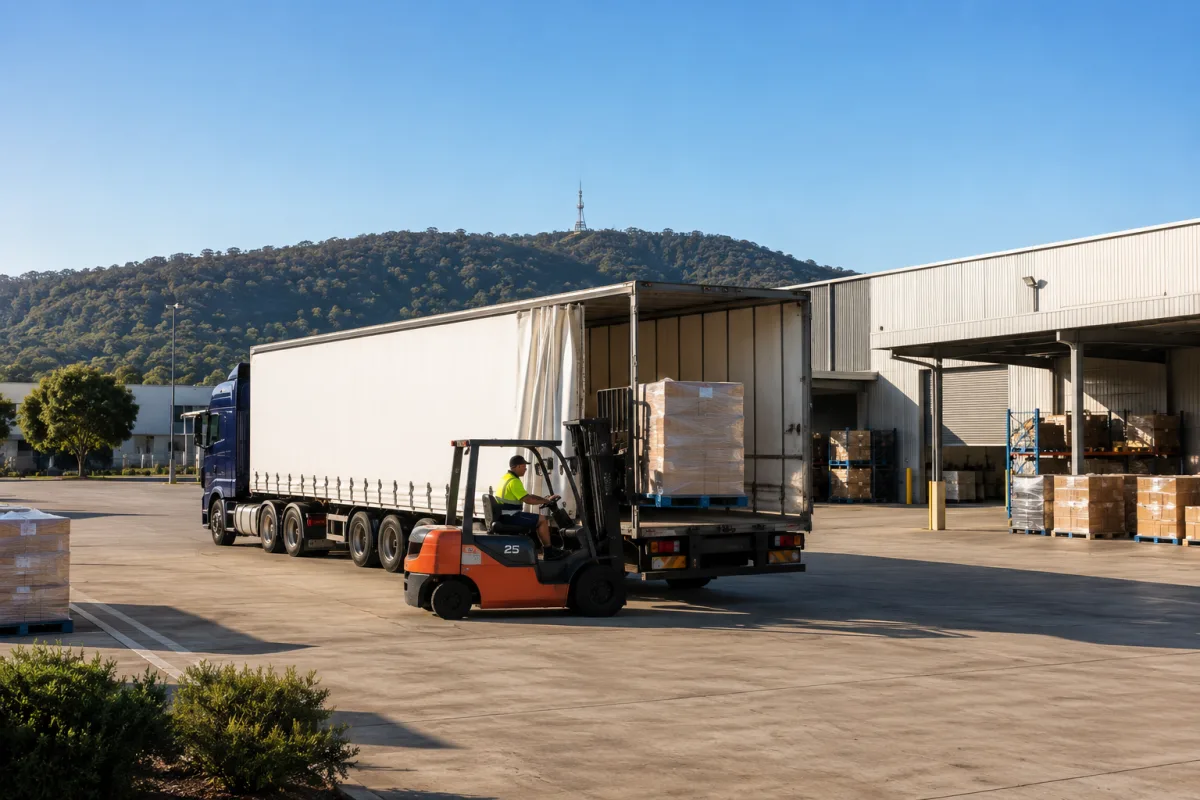 Forklift loading a trailer at a Fyshwick depot for the westbound run