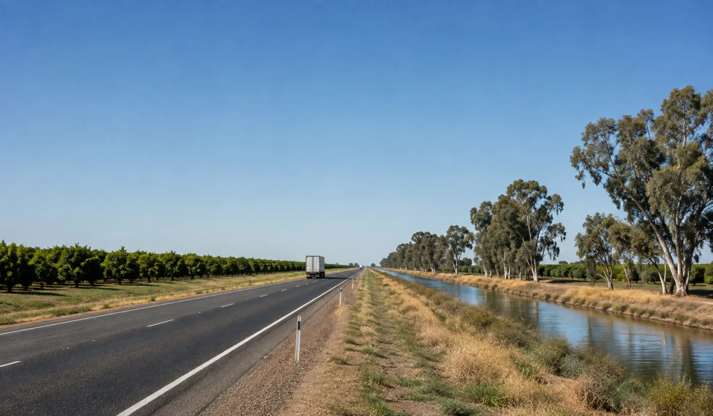 Highway running straight through irrigated Riverina farmland beside a channel