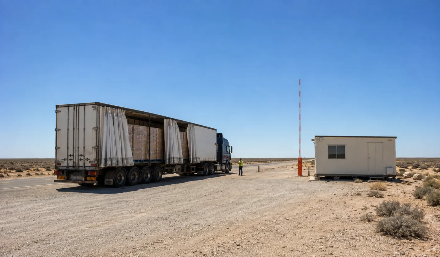 Road train stopped at a remote quarantine checkpoint on the Nullarbor