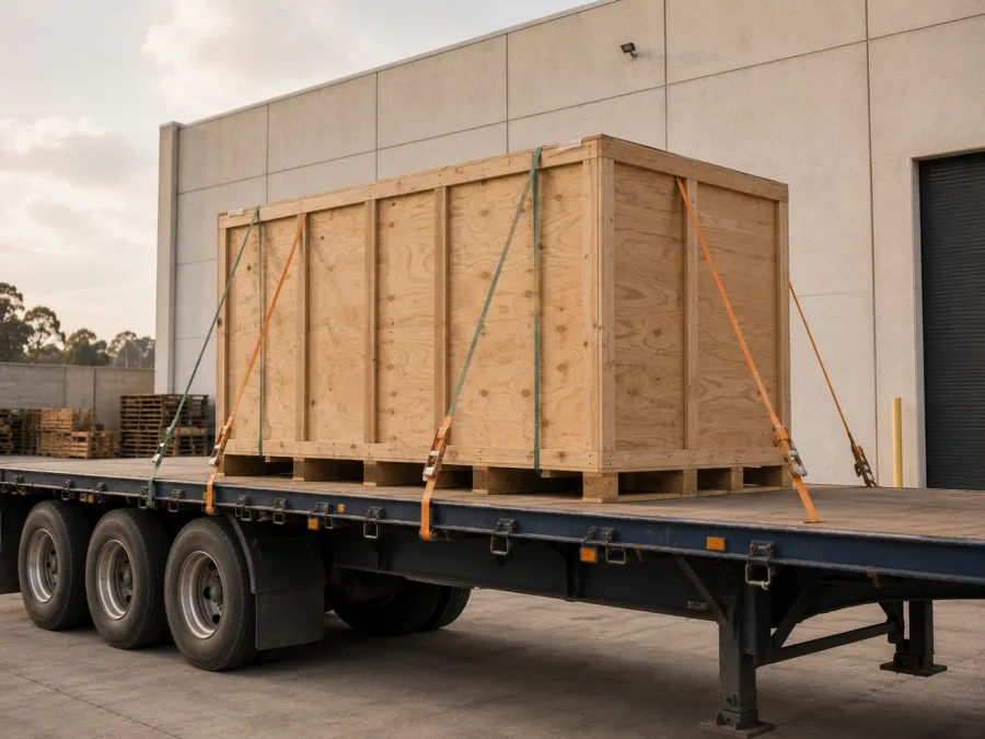 Timber-crated machine strapped on a trailer at a Sydney industrial site