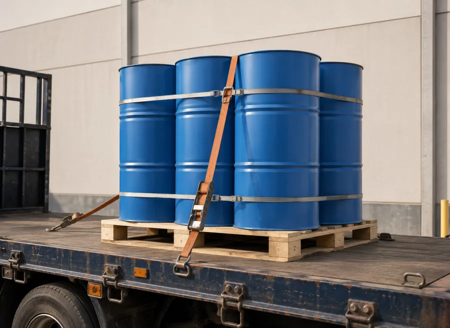 Sealed drums banded on a pallet and strapped to a truck deck