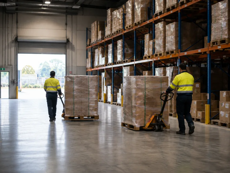 Workers moving pallets inside a Western Sydney distribution centre