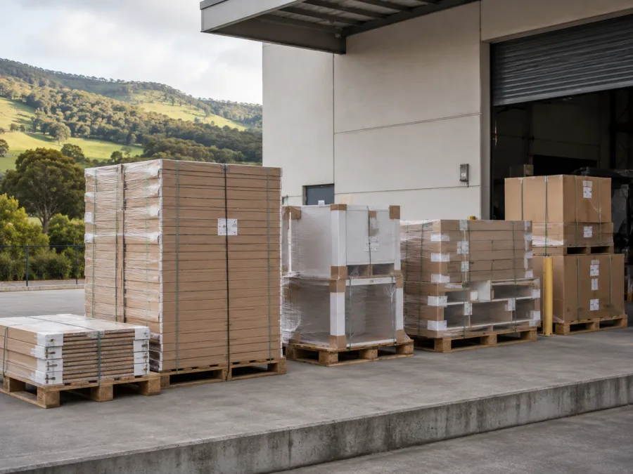 Flat-packed office fit-out components palletised at a Canberra dock