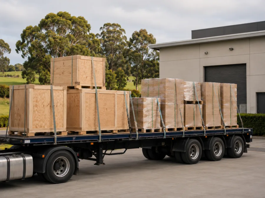 Crated equipment and pallets strapped on a trailer at a Canberra institutional site