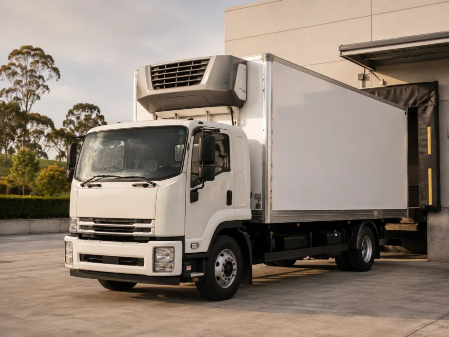 Refrigerated rigid truck at a Sydney food service dock