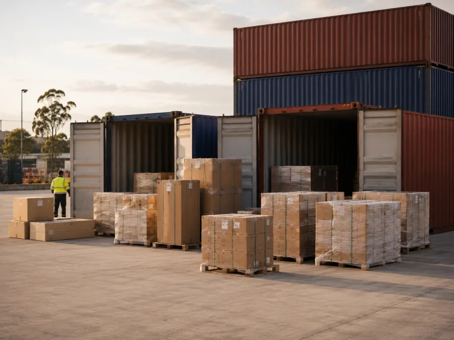 Containers being unpacked at a Sydney yard for the southbound run