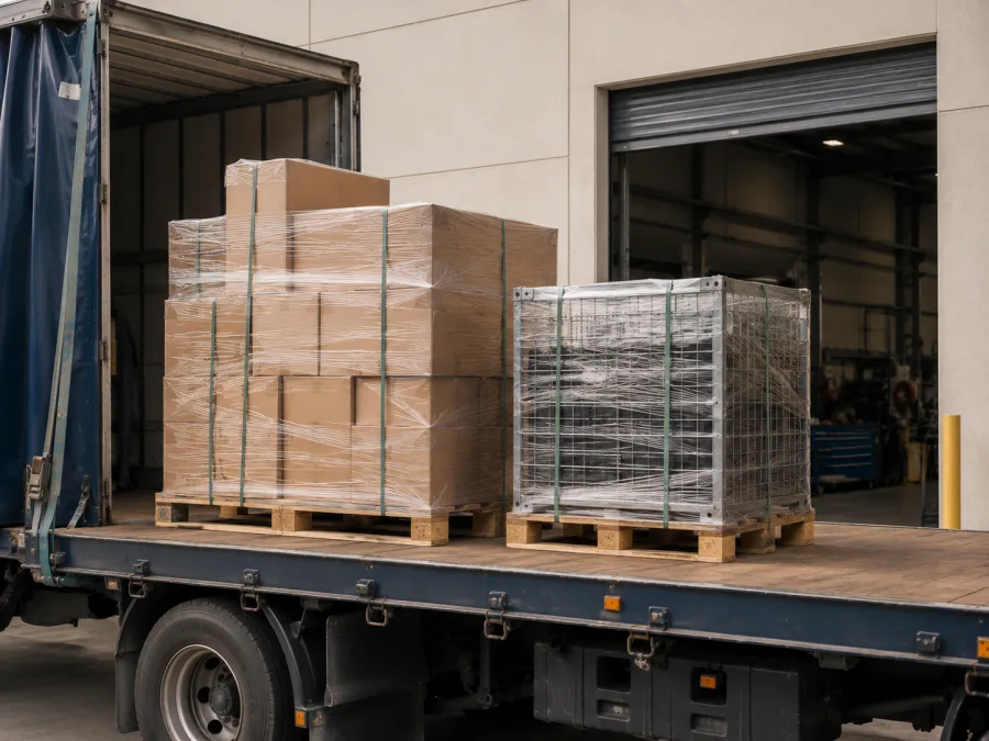 Palletised automotive parts and a steel cage strapped on a truck deck