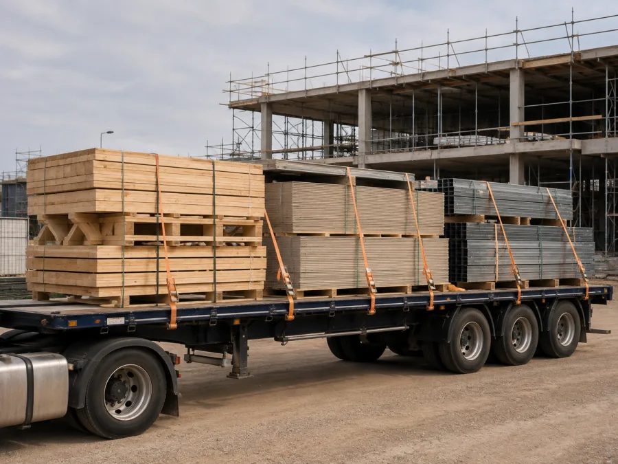 Timber and plasterboard on a trailer at a commercial construction site
