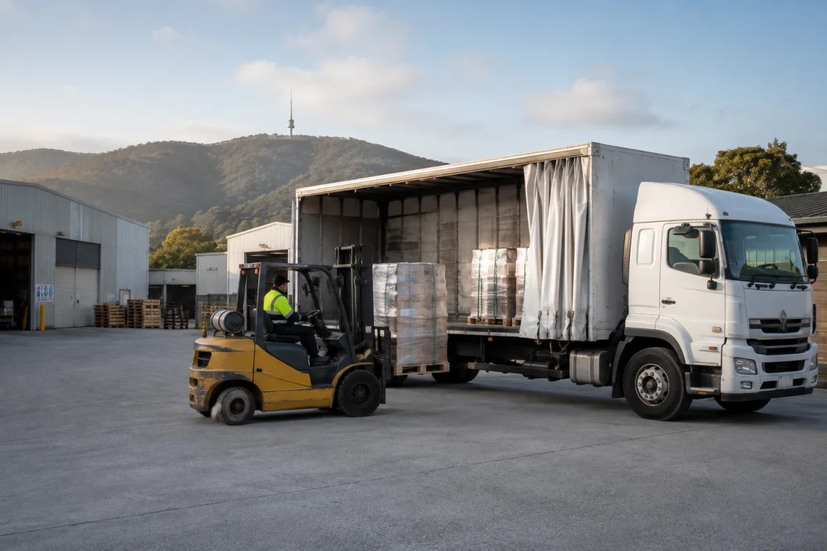 Forklift loading a rigid truck at a Fyshwick depot for the Sydney run