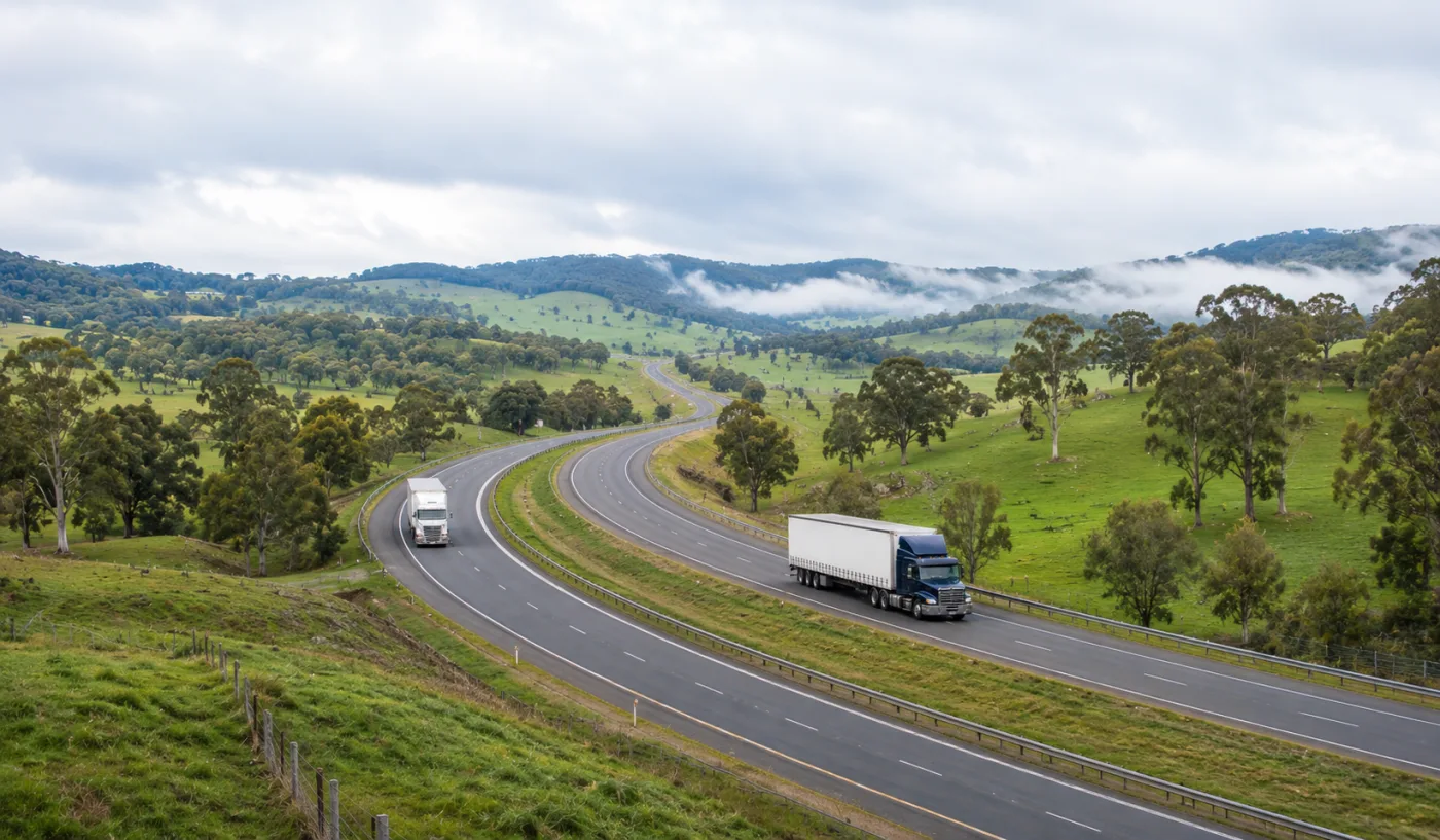 Dual carriageway through green highlands with trucks travelling both directions