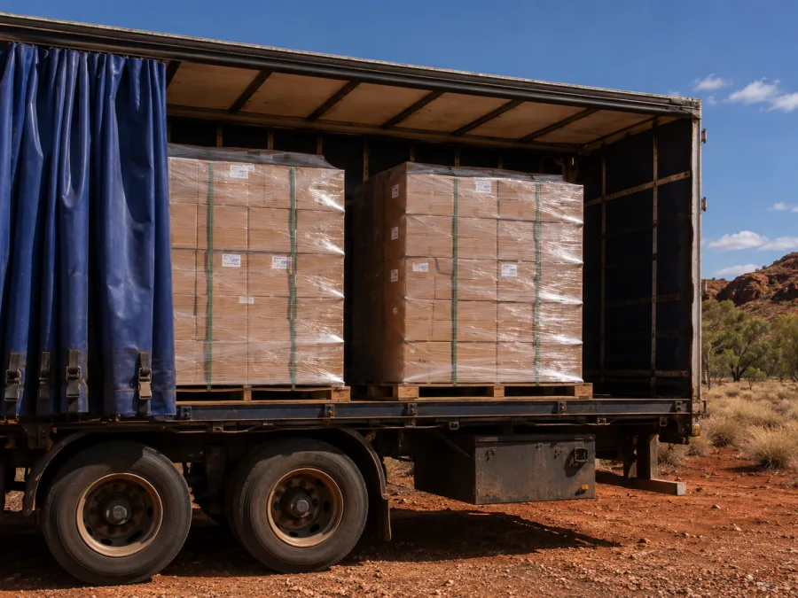 Wrapped pallets on a trailer with red centre country behind