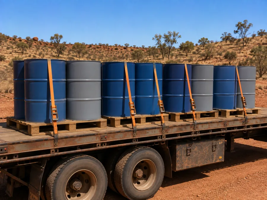 Sealed drums banded on pallets and strapped to a trailer deck