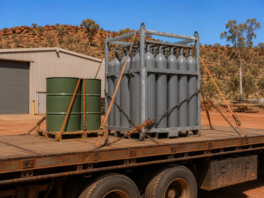 Gas cylinder pack and sealed drums chained on a trailer deck