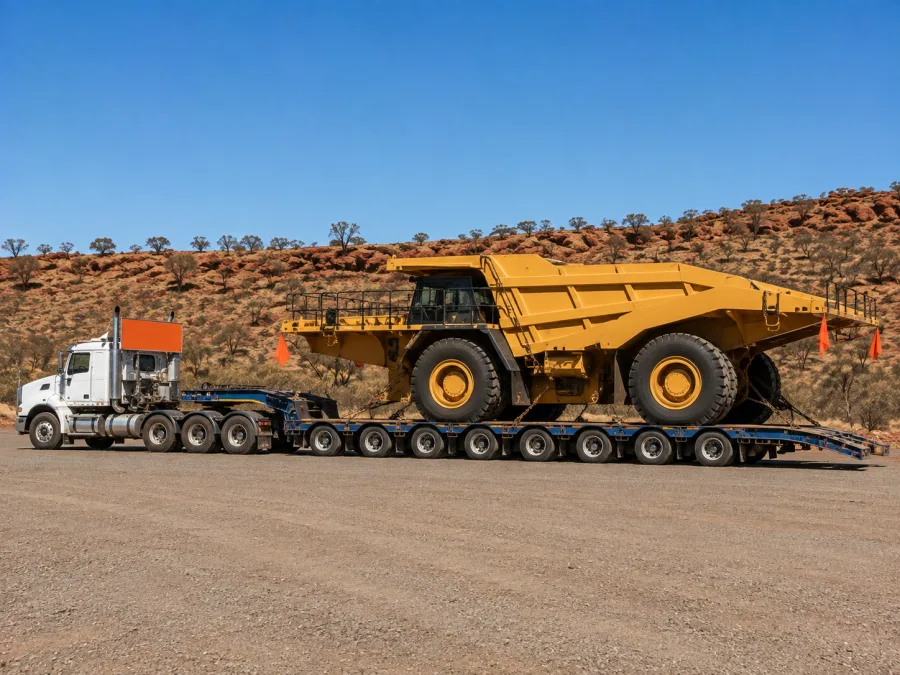 Oversize machine on a multi-axle low-loader in central Australia