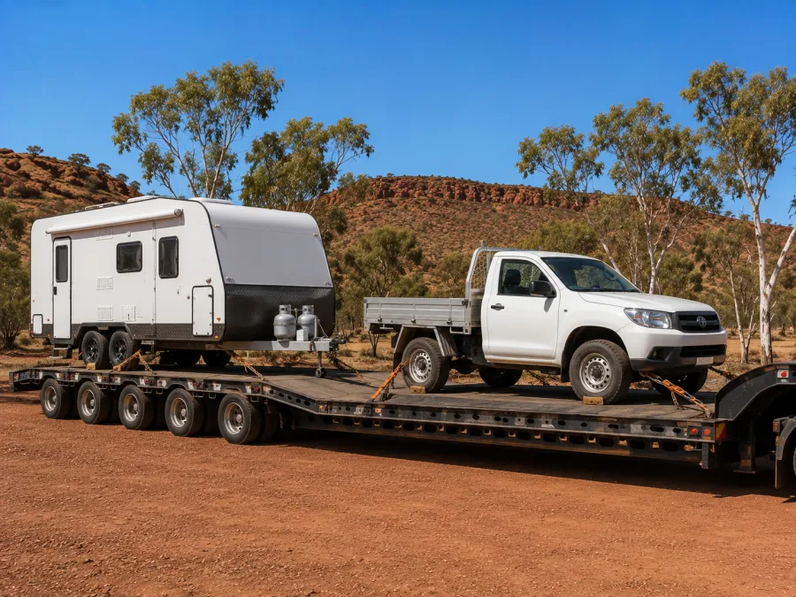 Four wheel drive and caravan loaded on a drop-deck in central Australia
