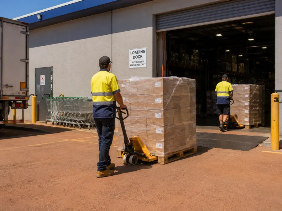 Workers moving grocery pallets at an Alice Springs supermarket dock