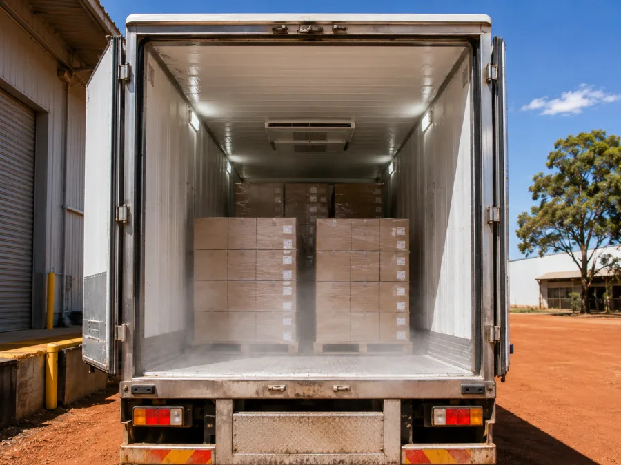 Open refrigerated trailer loaded with chilled cartons in central Australia