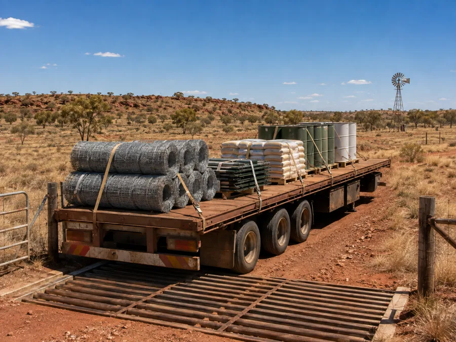 Fencing, feed and drums loaded on a trailer at a central Australian station gate