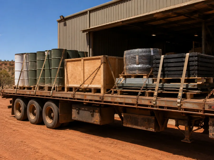 Drums and crated components loaded for central Australian operations
