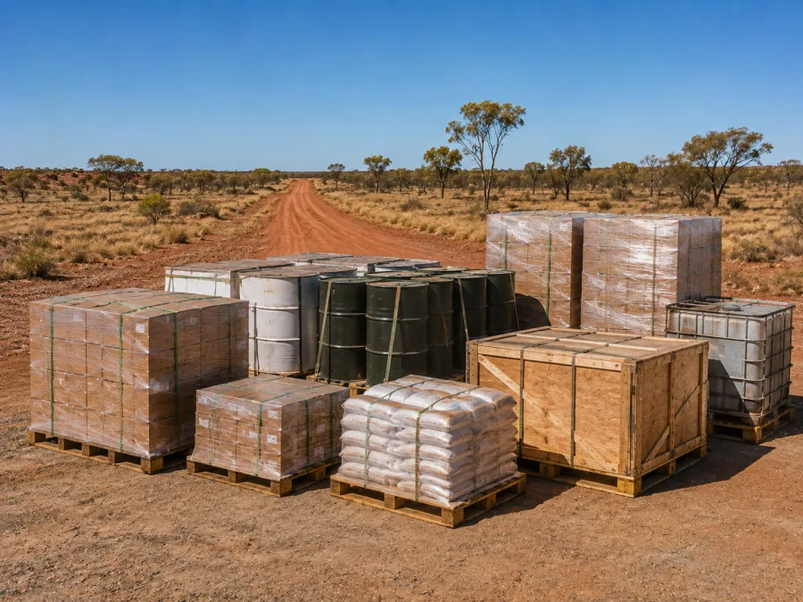 Heavily wrapped freight staged for onward delivery to a remote community