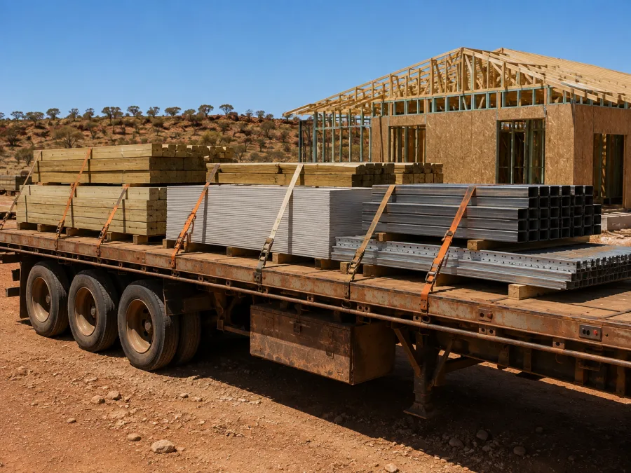 Timber and cladding on a trailer at an Alice Springs building site