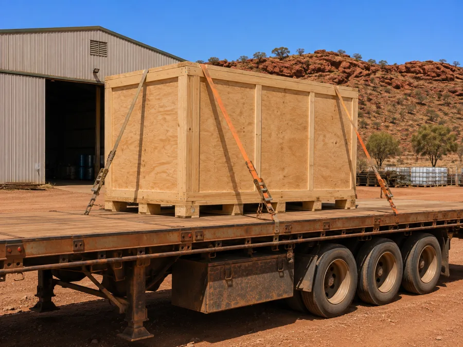 Timber-crated machine strapped on a trailer at a central Australian site