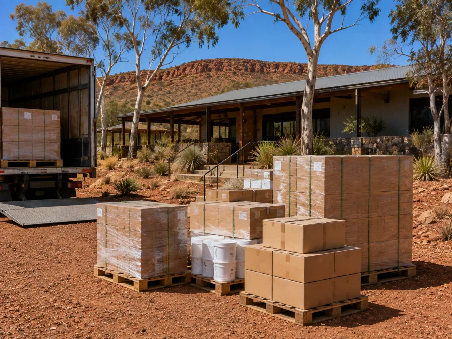 Supplies unloaded at accommodation in central Australia with the ranges behind