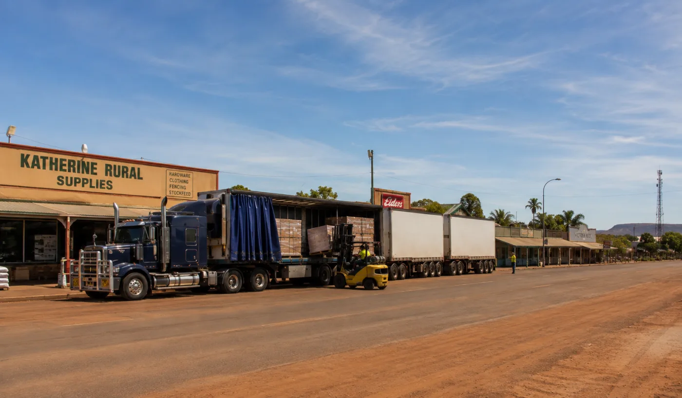 Road train unloading pallets at a supply depot in a Northern Territory highway town