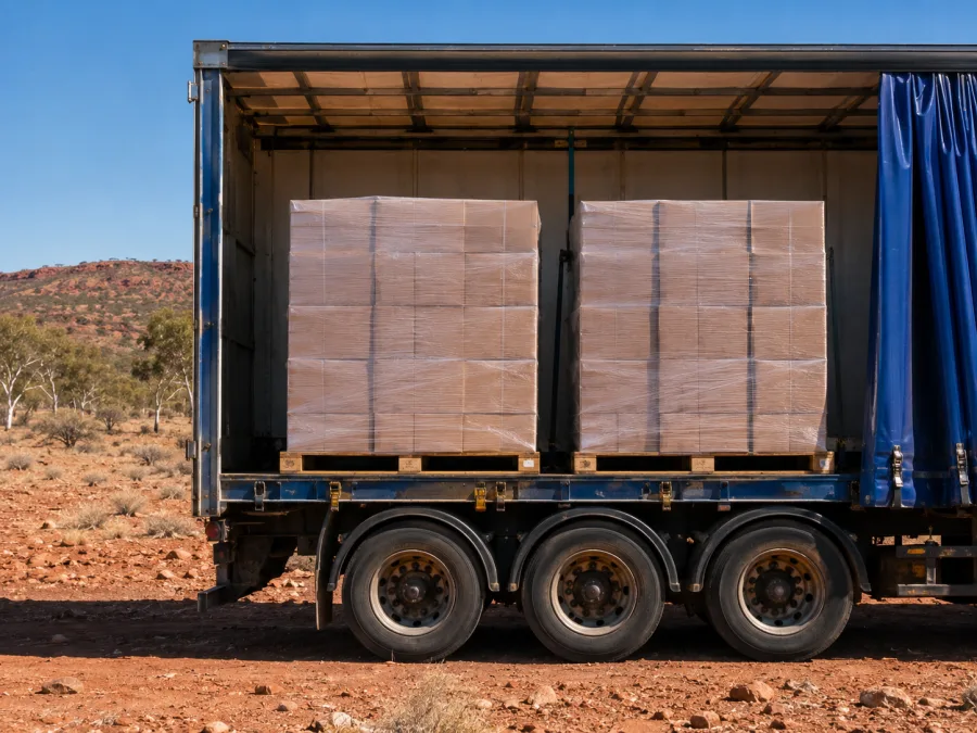 Wrapped pallets on a trailer in arid central Australia