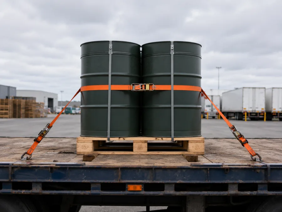 Sealed drums banded on a pallet and strapped to a trailer deck