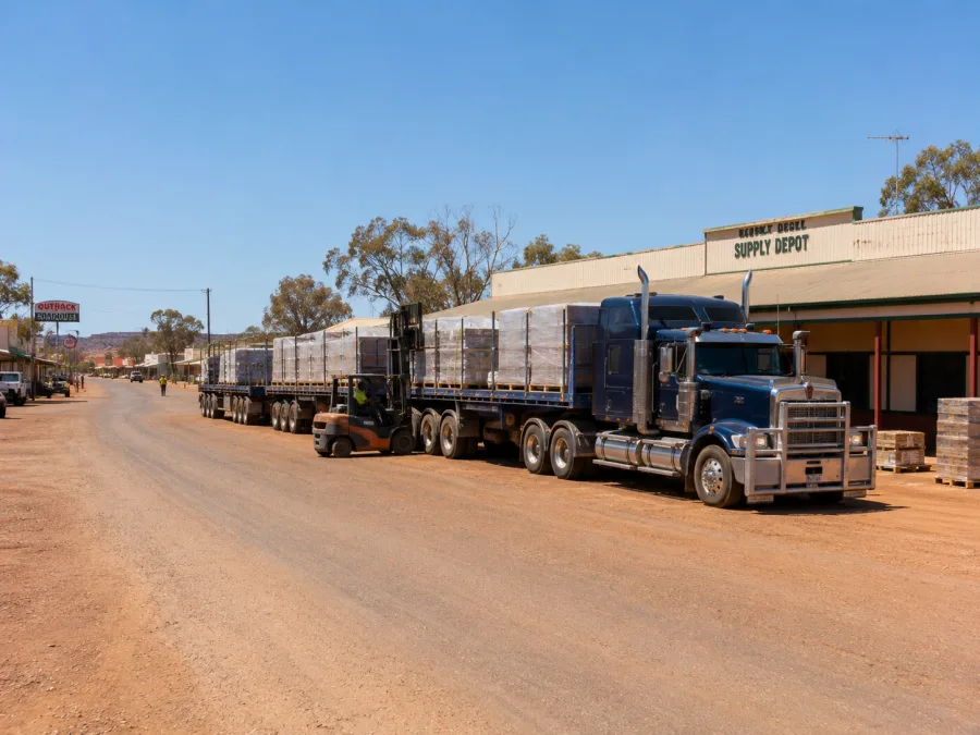 Road train unloading pallets in a remote Stuart Highway town
