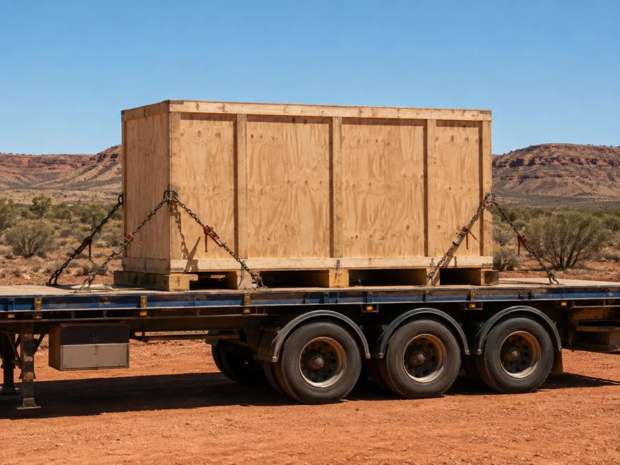 Timber-crated machine chained on a trailer in central Australia