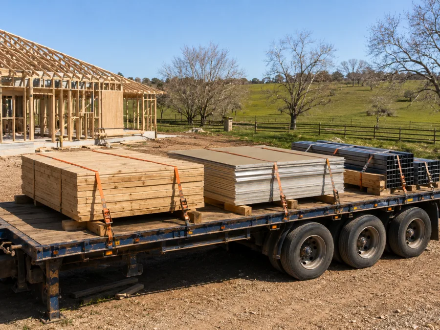 Timber and cladding on a trailer at a southern Tasmanian building site
