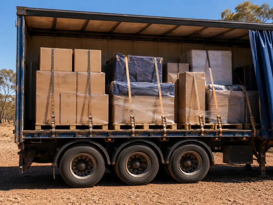 Palletised household effects wrapped and strapped for the run south