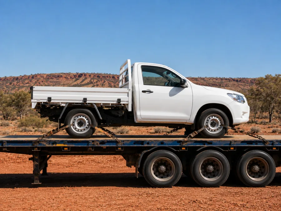 Four wheel drive strapped on a carrier deck in central Australia