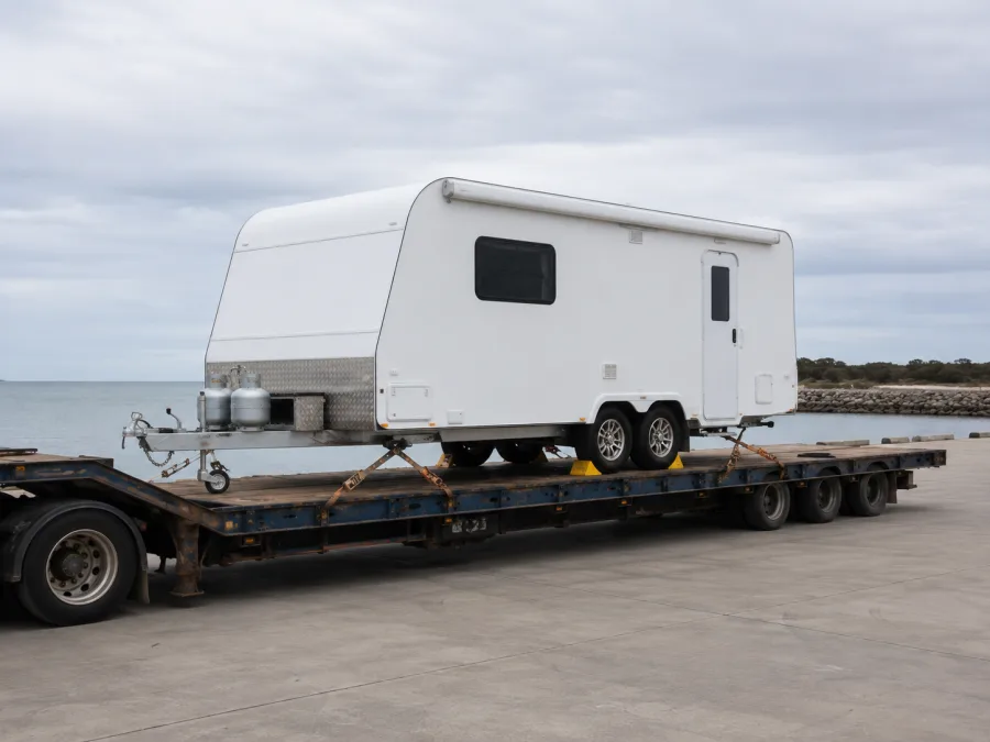 Touring caravan strapped on a drop-deck at a ferry terminal