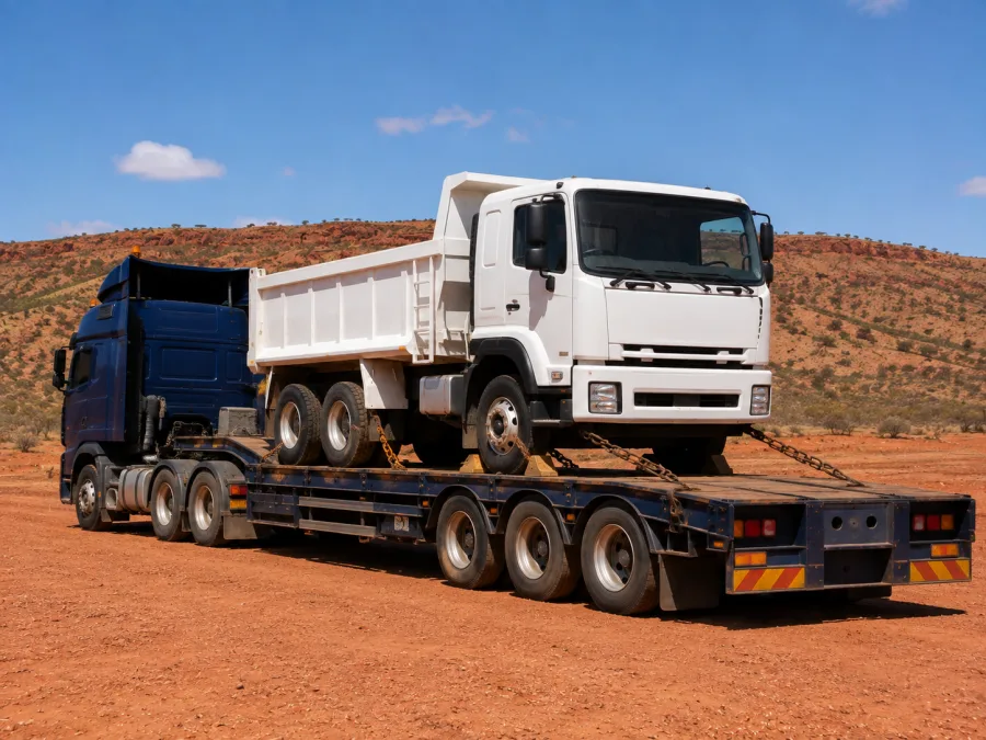 Tipper truck chained on a low-loader in central Australia