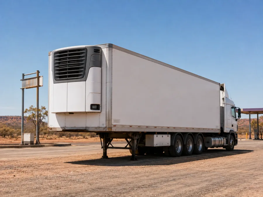 Refrigerated trailer stopped in arid country on the long run south