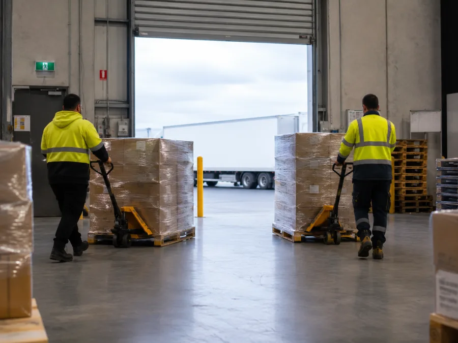Workers moving pallets at a Hobart distribution dock