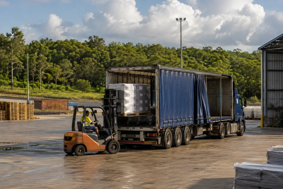 Forklift loading a trailer at a Darwin depot at the start of the longest run