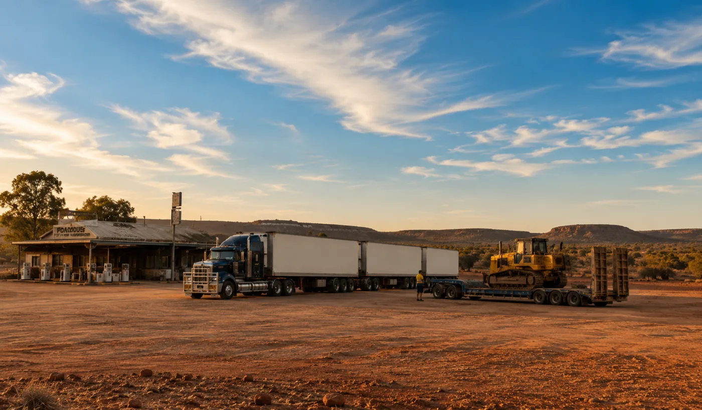 Road train and a machine on a low-loader at a remote roadhouse in the centre