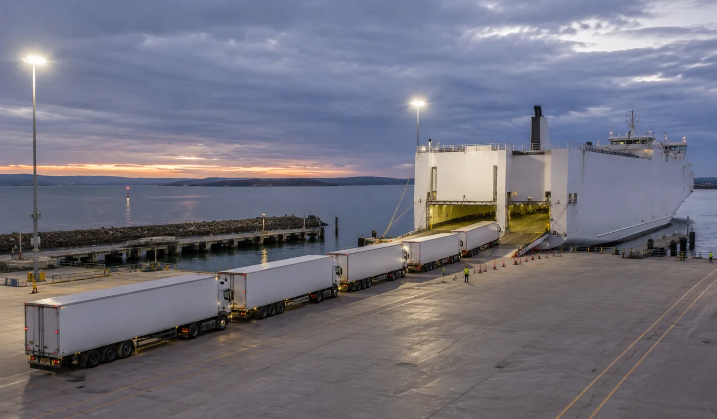 Trucks queued at a mainland ferry terminal beside an unmarked vehicle ferry