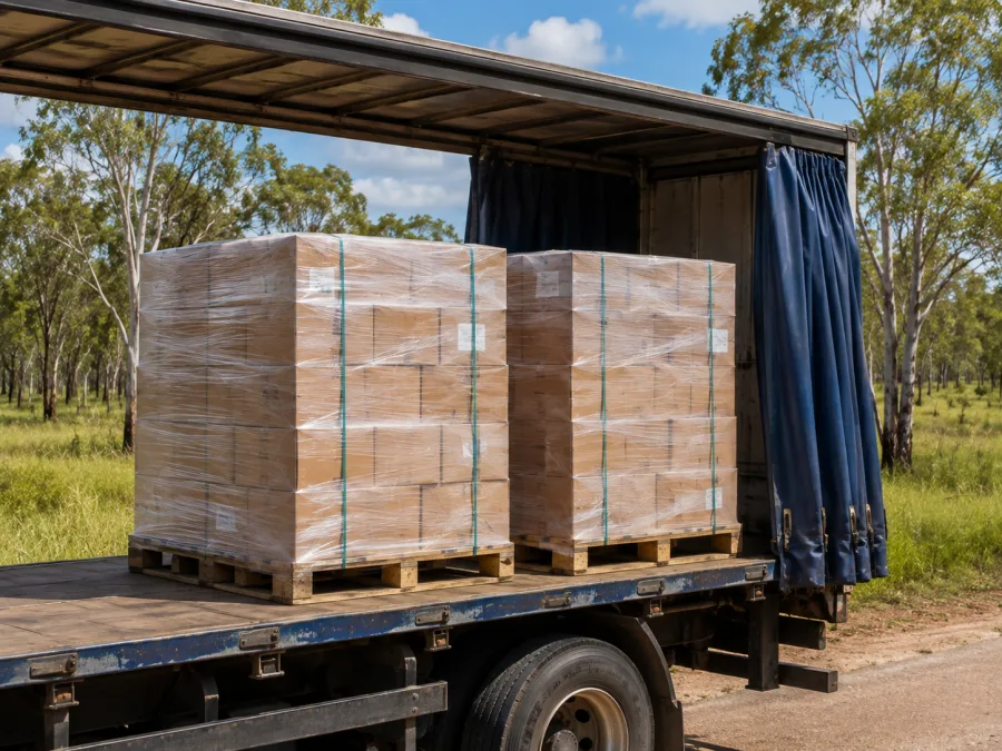 Wrapped pallets on a trailer with Top End savannah behind